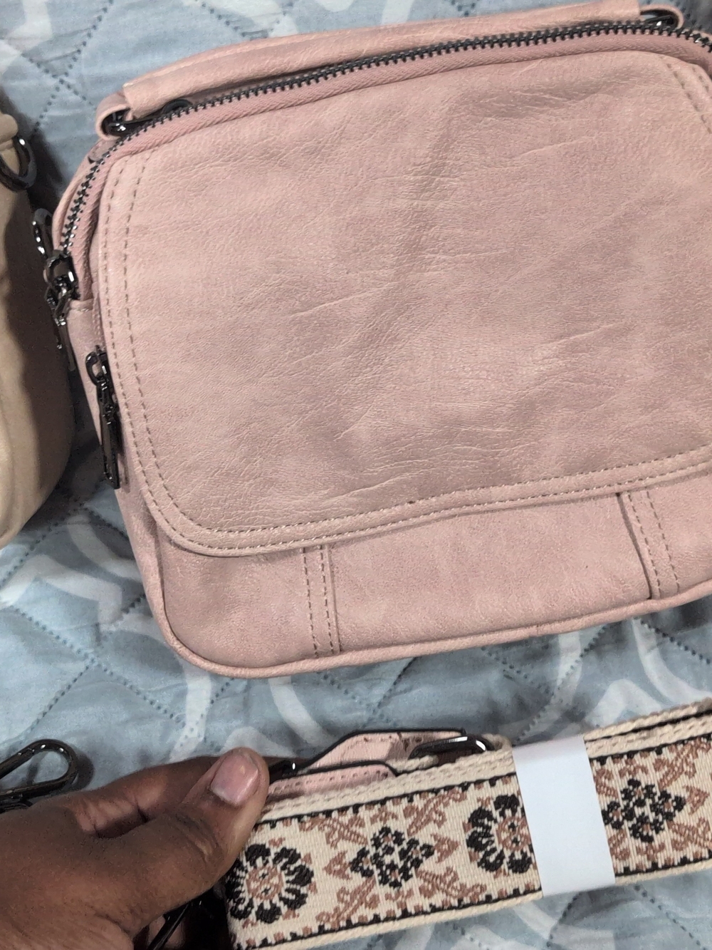 Unisex Pink Crossbody Bag with Removable Patterned Strap